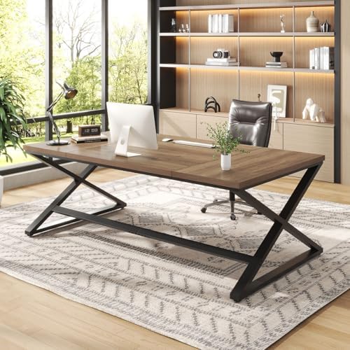IBF Wood Large Computer Desk  70 8  Long Home Office Desk for Two Person  Farmhouse Work Study Writing Table in Bedroom  Simple Wide Metal Executive Double PC Gaming Workstation  Rustic Oak