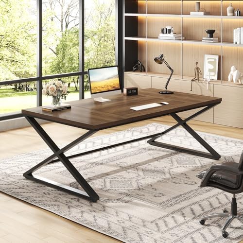 IBF Wood Large Computer Desk  70 8  Long Home Office Desk for Two Person  Farmhouse Work Study Writing Table in Bedroom  Simple Wide Metal Executive Double PC Gaming Workstation  Rustic Oak