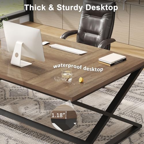 IBF Wood Large Computer Desk  70 8  Long Home Office Desk for Two Person  Farmhouse Work Study Writing Table in Bedroom  Simple Wide Metal Executive Double PC Gaming Workstation  Rustic Oak
