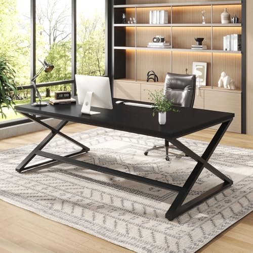 IBF Wood Large Computer Desk  70 8  Long Home Office Desk for Two Person  Farmhouse Work Study Writing Table in Bedroom  Simple Wide Metal Executive Double PC Gaming Workstation  Rustic Oak