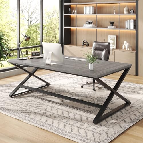 IBF Wood Large Computer Desk  70 8  Long Home Office Desk for Two Person  Farmhouse Work Study Writing Table in Bedroom  Simple Wide Metal Executive Double PC Gaming Workstation  Rustic Oak