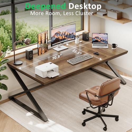 IBF Wood Large Computer Desk  70 8  Long Home Office Desk for Two Person  Farmhouse Work Study Writing Table in Bedroom  Simple Wide Metal Executive Double PC Gaming Workstation  Rustic Oak