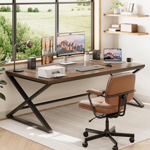 IBF Wood Large Computer Desk  70 8  Long Home Office Desk for Two Person  Farmhouse Work Study Writing Table in Bedroom  Simple Wide Metal Executive Double PC Gaming Workstation  Rustic Oak