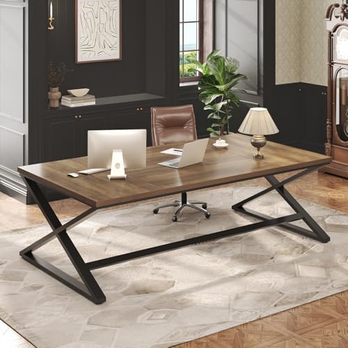 IBF Wood Large Computer Desk  70 8  Long Home Office Desk for Two Person  Farmhouse Work Study Writing Table in Bedroom  Simple Wide Metal Executive Double PC Gaming Workstation  Rustic Oak