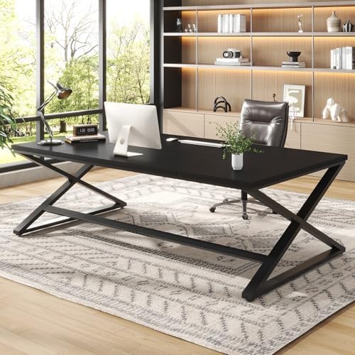 IBF Wood Large Computer Desk  70 8  Long Home Office Desk for Two Person  Farmhouse Work Study Writing Table in Bedroom  Simple Wide Metal Executive Double PC Gaming Workstation  Rustic Oak
