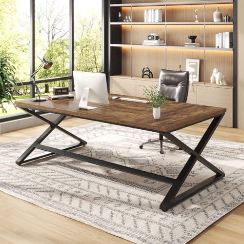 IBF Wood Large Computer Desk  70 8  Long Home Office Desk for Two Person  Farmhouse Work Study Writing Table in Bedroom  Simple Wide Metal Executive Double PC Gaming Workstation  Rustic Oak