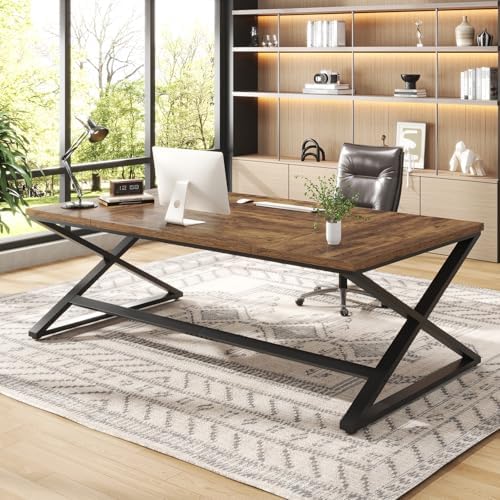 IBF Wood Large Computer Desk  70 8  Long Home Office Desk for Two Person  Farmhouse Work Study Writing Table in Bedroom  Simple Wide Metal Executive Double PC Gaming Workstation  Rustic Oak