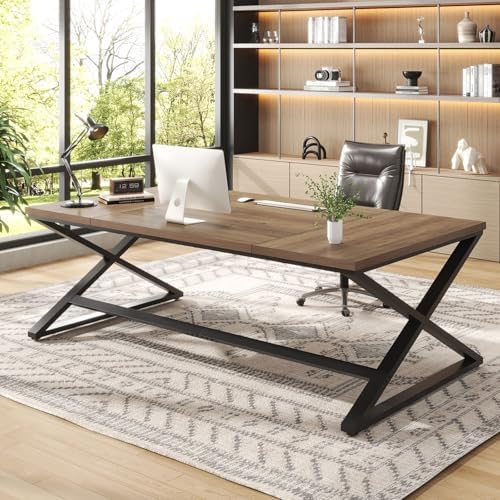 IBF Wood Large Computer Desk  70 8  Long Home Office Desk for Two Person  Farmhouse Work Study Writing Table in Bedroom  Simple Wide Metal Executive Double PC Gaming Workstation  Rustic Oak