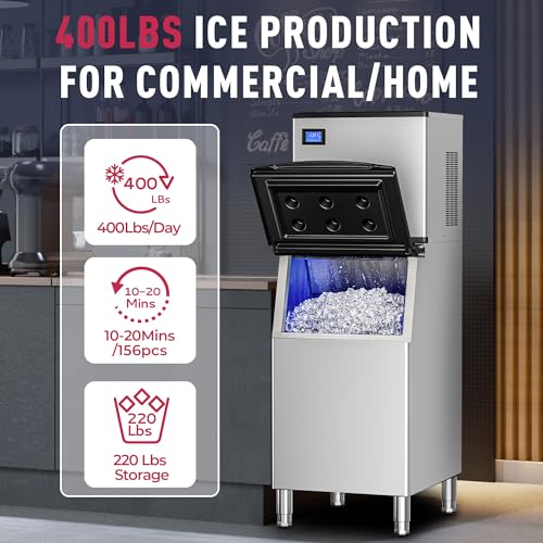 ICYGLEE Commercial Ice Maker Machine 400LBs/Day with 220LBs Storage Bin  ETL Approval Industrial Ice Machine  Auto Cleaning Stainless Ice Maker  Ice Ready in 8 20mins  Cafe/Bar/Business/RST 