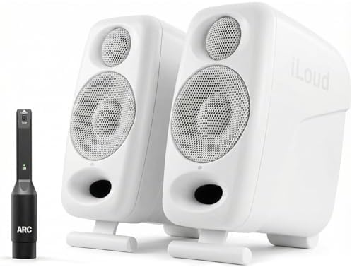 IK Multimedia Premium Version iLoud Micro Monitor Pro White  Pair  50 Watt Portable & Powerful Reference Studio Monitor  Class D High Efficiency Amplifier  Custom Made Drivers for Music Mixing