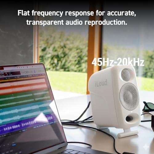 IK Multimedia Premium Version iLoud Micro Monitor Pro White  Pair  50 Watt Portable & Powerful Reference Studio Monitor  Class D High Efficiency Amplifier  Custom Made Drivers for Music Mixing