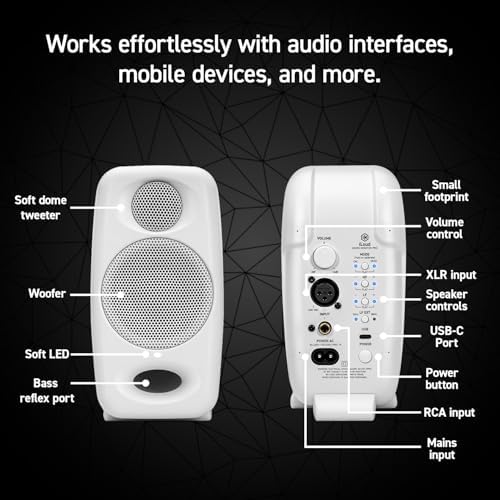 IK Multimedia Premium Version iLoud Micro Monitor Pro White  Pair  50 Watt Portable & Powerful Reference Studio Monitor  Class D High Efficiency Amplifier  Custom Made Drivers for Music Mixing