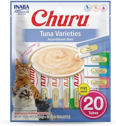INABA Churu Cat Treats  Grain Free  Lickable  Squeezable Creamy Purée Cat Treat/Topper with Vitamin E & Taurine  0 5 Ounces Each  40 Tubes  Tuna & Seafood Variety Box