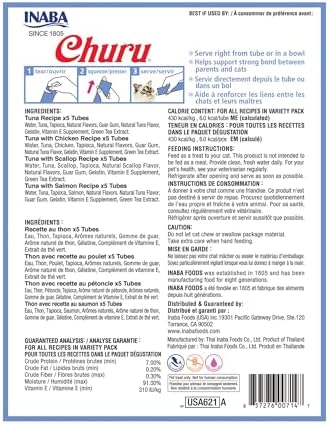 INABA Churu Cat Treats  Grain Free  Lickable  Squeezable Creamy Purée Cat Treat/Topper with Vitamin E & Taurine  0 5 Ounces Each  40 Tubes  Tuna & Seafood Variety Box