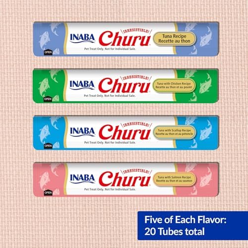 INABA Churu Cat Treats  Grain Free  Lickable  Squeezable Creamy Purée Cat Treat/Topper with Vitamin E & Taurine  0 5 Ounces Each  40 Tubes  Tuna & Seafood Variety Box