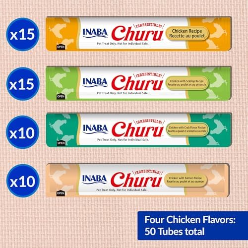 INABA Churu Cat Treats  Grain Free  Lickable  Squeezable Creamy Purée Cat Treat/Topper with Vitamin E & Taurine  0 5 Ounces Each  40 Tubes  Tuna & Seafood Variety Box