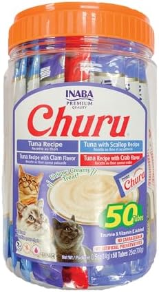 INABA Churu Cat Treats  Grain Free  Lickable  Squeezable Creamy Purée Cat Treat/Topper with Vitamin E & Taurine  0 5 Ounces Each  40 Tubes  Tuna & Seafood Variety Box