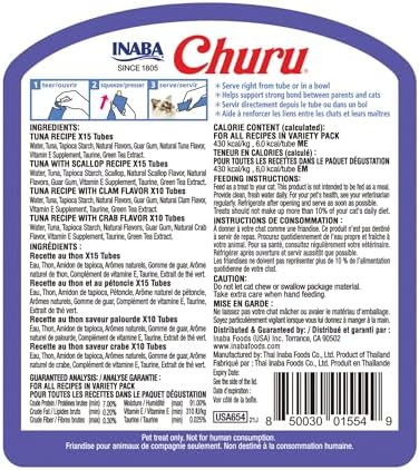 INABA Churu Cat Treats  Grain Free  Lickable  Squeezable Creamy Purée Cat Treat/Topper with Vitamin E & Taurine  0 5 Ounces Each  40 Tubes  Tuna & Seafood Variety Box