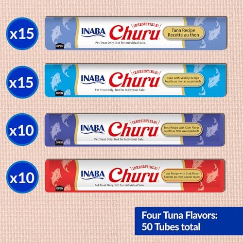 INABA Churu Cat Treats  Grain Free  Lickable  Squeezable Creamy Purée Cat Treat/Topper with Vitamin E & Taurine  0 5 Ounces Each  40 Tubes  Tuna & Seafood Variety Box