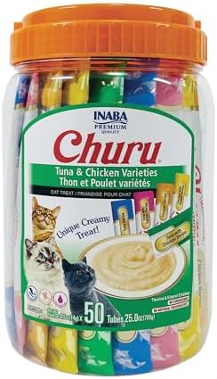 INABA Churu Cat Treats  Grain Free  Lickable  Squeezable Creamy Purée Cat Treat/Topper with Vitamin E & Taurine  0 5 Ounces Each  40 Tubes  Tuna & Seafood Variety Box