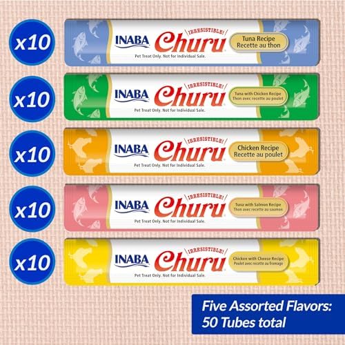INABA Churu Cat Treats  Grain Free  Lickable  Squeezable Creamy Purée Cat Treat/Topper with Vitamin E & Taurine  0 5 Ounces Each  40 Tubes  Tuna & Seafood Variety Box