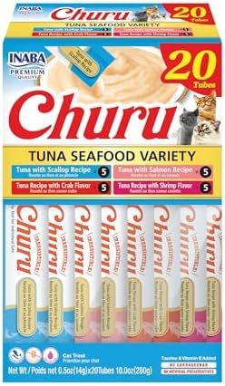 INABA Churu Cat Treats  Grain Free  Lickable  Squeezable Creamy Purée Cat Treat/Topper with Vitamin E & Taurine  0 5 Ounces Each  40 Tubes  Tuna & Seafood Variety Box
