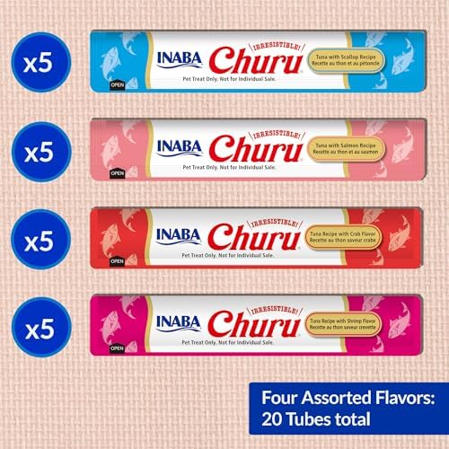 INABA Churu Cat Treats  Grain Free  Lickable  Squeezable Creamy Purée Cat Treat/Topper with Vitamin E & Taurine  0 5 Ounces Each  40 Tubes  Tuna & Seafood Variety Box