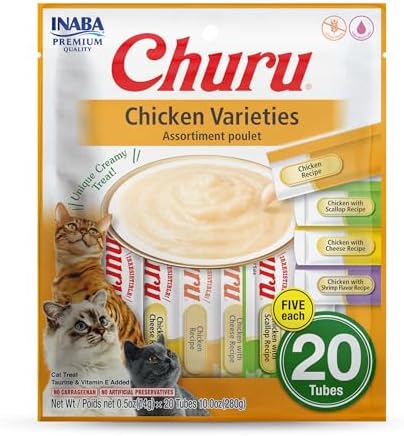 INABA Churu Cat Treats  Grain Free  Lickable  Squeezable Creamy Purée Cat Treat/Topper with Vitamin E & Taurine  0 5 Ounces Each  40 Tubes  Tuna & Seafood Variety Box