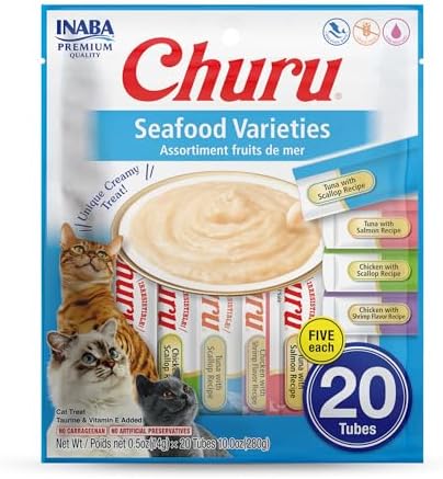 INABA Churu Cat Treats  Grain Free  Lickable  Squeezable Creamy Purée Cat Treat/Topper with Vitamin E & Taurine  0 5 Ounces Each  40 Tubes  Tuna & Seafood Variety Box