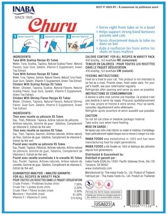 INABA Churu Cat Treats  Grain Free  Lickable  Squeezable Creamy Purée Cat Treat/Topper with Vitamin E & Taurine  0 5 Ounces Each  40 Tubes  Tuna & Seafood Variety Box