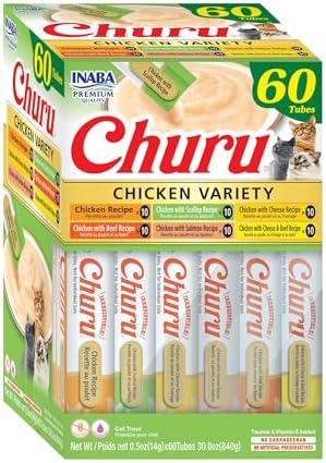 INABA Churu Cat Treats  Grain Free  Lickable  Squeezable Creamy Purée Cat Treat/Topper with Vitamin E & Taurine  0 5 Ounces Each  40 Tubes  Tuna & Seafood Variety Box