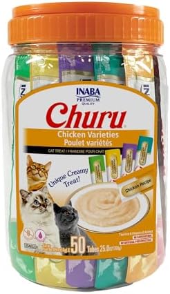 INABA Churu Cat Treats  Grain Free  Lickable  Squeezable Creamy Purée Cat Treat/Topper with Vitamin E & Taurine  0 5 Ounces Each  40 Tubes  Tuna & Seafood Variety Box
