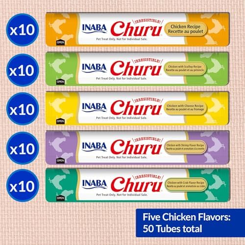 INABA Churu Cat Treats  Grain Free  Lickable  Squeezable Creamy Purée Cat Treat/Topper with Vitamin E & Taurine  0 5 Ounces Each  40 Tubes  Tuna & Seafood Variety Box