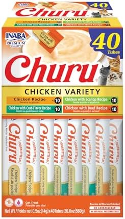 INABA Churu Cat Treats  Grain Free  Lickable  Squeezable Creamy Purée Cat Treat/Topper with Vitamin E & Taurine  0 5 Ounces Each  40 Tubes  Tuna & Seafood Variety Box