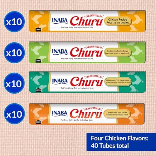 INABA Churu Cat Treats  Grain Free  Lickable  Squeezable Creamy Purée Cat Treat/Topper with Vitamin E & Taurine  0 5 Ounces Each  40 Tubes  Tuna & Seafood Variety Box