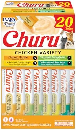 INABA Churu Cat Treats  Grain Free  Lickable  Squeezable Creamy Purée Cat Treat/Topper with Vitamin E & Taurine  0 5 Ounces Each  40 Tubes  Tuna & Seafood Variety Box
