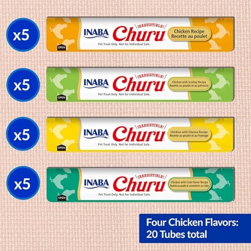 INABA Churu Cat Treats  Grain Free  Lickable  Squeezable Creamy Purée Cat Treat/Topper with Vitamin E & Taurine  0 5 Ounces Each  40 Tubes  Tuna & Seafood Variety Box