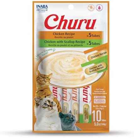 INABA Churu Cat Treats  Grain Free  Lickable  Squeezable Creamy Purée Cat Treat/Topper with Vitamin E & Taurine  0 5 Ounces Each  40 Tubes  Tuna & Seafood Variety Box