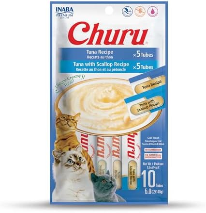 INABA Churu Cat Treats  Grain Free  Lickable  Squeezable Creamy Purée Cat Treat/Topper with Vitamin E & Taurine  0 5 Ounces Each  40 Tubes  Tuna & Seafood Variety Box