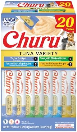 INABA Churu Cat Treats  Grain Free  Lickable  Squeezable Creamy Purée Cat Treat/Topper with Vitamin E & Taurine  0 5 Ounces Each  40 Tubes  Tuna & Seafood Variety Box