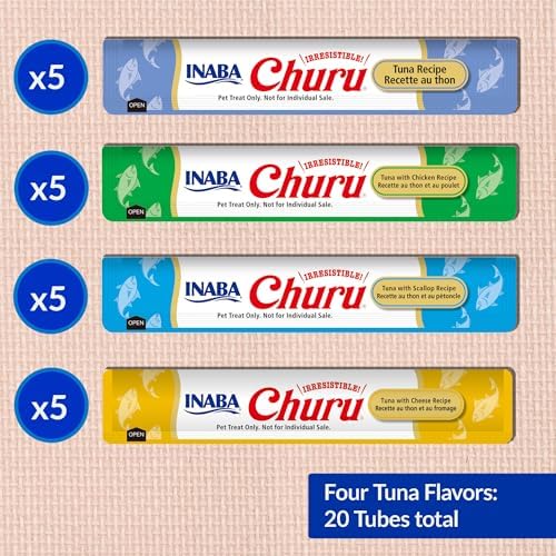 INABA Churu Cat Treats  Grain Free  Lickable  Squeezable Creamy Purée Cat Treat/Topper with Vitamin E & Taurine  0 5 Ounces Each  40 Tubes  Tuna & Seafood Variety Box