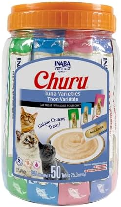 INABA Churu Cat Treats  Grain Free  Lickable  Squeezable Creamy Purée Cat Treat/Topper with Vitamin E & Taurine  0 5 Ounces Each  40 Tubes  Tuna & Seafood Variety Box