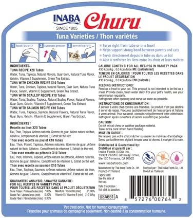 INABA Churu Cat Treats  Grain Free  Lickable  Squeezable Creamy Purée Cat Treat/Topper with Vitamin E & Taurine  0 5 Ounces Each  40 Tubes  Tuna & Seafood Variety Box