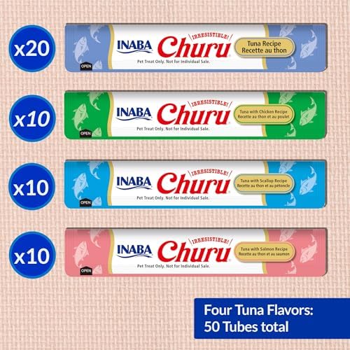 INABA Churu Cat Treats  Grain Free  Lickable  Squeezable Creamy Purée Cat Treat/Topper with Vitamin E & Taurine  0 5 Ounces Each  40 Tubes  Tuna & Seafood Variety Box