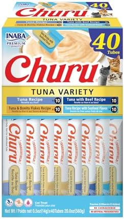 INABA Churu Cat Treats  Grain Free  Lickable  Squeezable Creamy Purée Cat Treat/Topper with Vitamin E & Taurine  0 5 Ounces Each  40 Tubes  Tuna & Seafood Variety Box