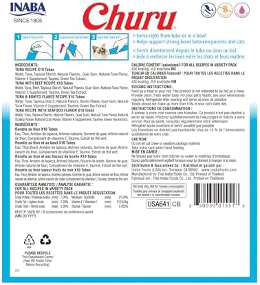 INABA Churu Cat Treats  Grain Free  Lickable  Squeezable Creamy Purée Cat Treat/Topper with Vitamin E & Taurine  0 5 Ounces Each  40 Tubes  Tuna & Seafood Variety Box