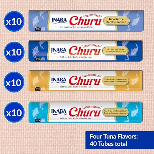 INABA Churu Cat Treats  Grain Free  Lickable  Squeezable Creamy Purée Cat Treat/Topper with Vitamin E & Taurine  0 5 Ounces Each  40 Tubes  Tuna & Seafood Variety Box