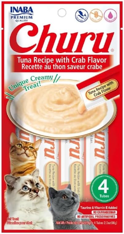 INABA Churu Cat Treats  Grain Free  Lickable  Squeezable Creamy Purée Cat Treat/Topper with Vitamin E & Taurine  0 5 Ounces Each  40 Tubes  Tuna & Seafood Variety Box