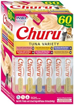 INABA Churu Cat Treats  Grain Free  Lickable  Squeezable Creamy Purée Cat Treat/Topper with Vitamin E & Taurine  0 5 Ounces Each  40 Tubes  Tuna & Seafood Variety Box