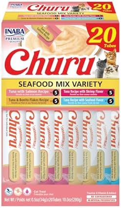 INABA Churu Cat Treats  Grain Free  Lickable  Squeezable Creamy Purée Cat Treat/Topper with Vitamin E & Taurine  0 5 Ounces Each  40 Tubes  Tuna & Seafood Variety Box